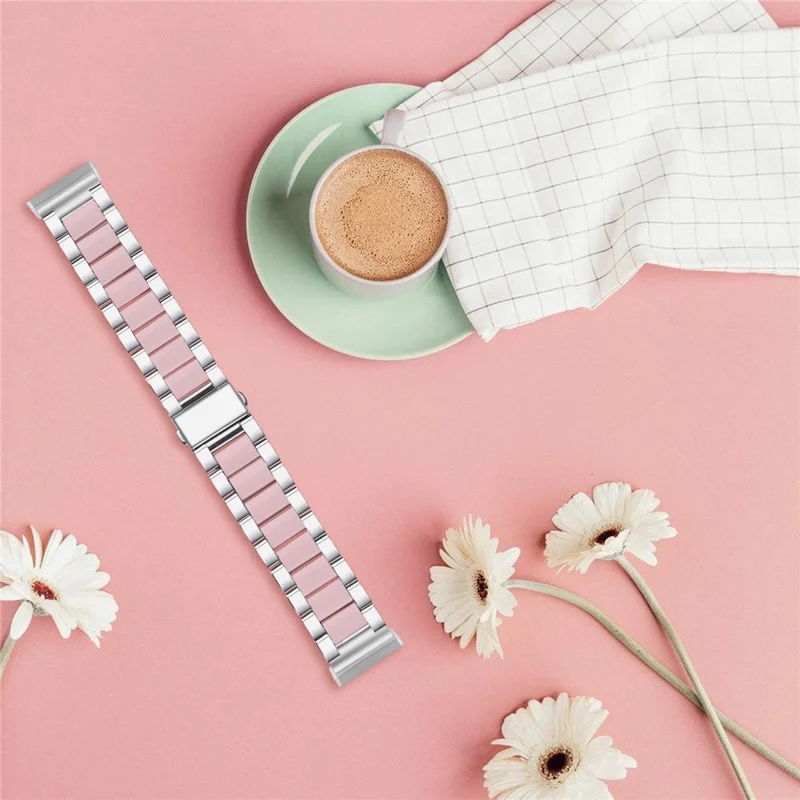 Fashion Resin + Stainless Steel Bracelet Smart Watch Wrist Band for Fitbit Versa 3/Fitbit Sense - Silver/Pink