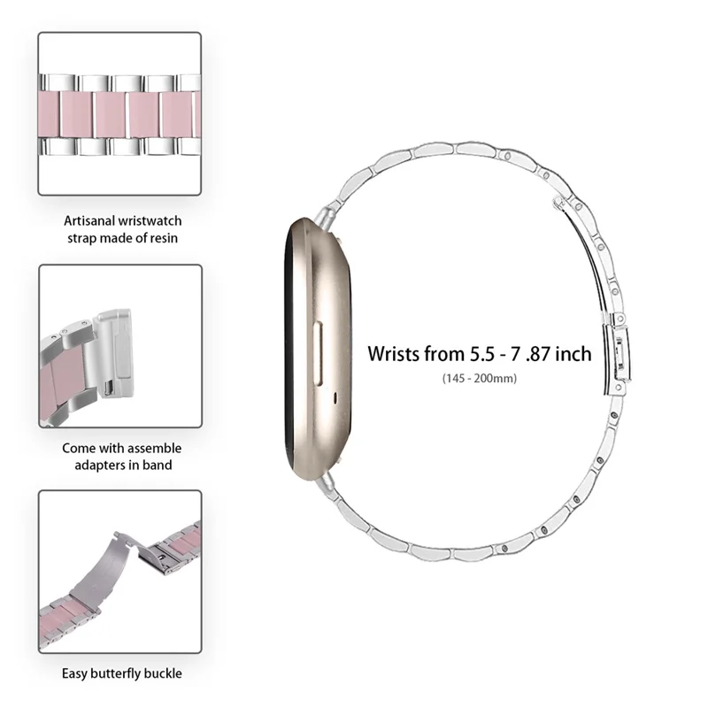 Fashion Resin + Stainless Steel Bracelet Smart Watch Wrist Band for Fitbit Versa 3/Fitbit Sense - Silver/Pink