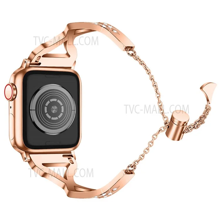 Rhinestone Stainless Steel Metal Watch Band Bracelet Strap Replacement for Apple Watch Ultra 2 49mm / Series 9 45mm / SE (2023) 44mm / Ultra 49mm / Series 8 45mm / 7 45mm / SE 44mm / SE (2022) 44mm / Series 6 / 5 / 4 44mm / Series 3 / 2 / 1 42mm - Rose Gold