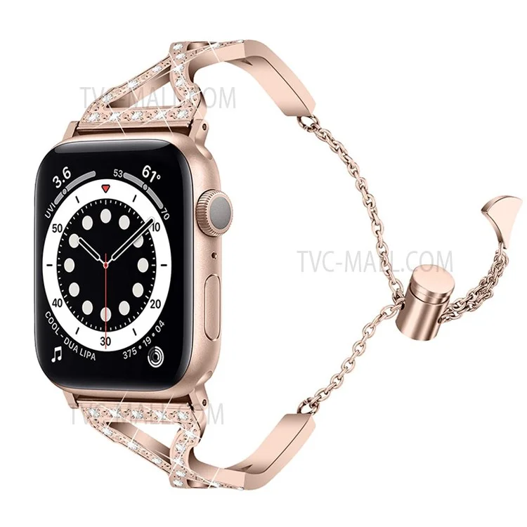Rhinestone Stainless Steel Metal Watch Band Bracelet Strap Replacement for Apple Watch Ultra 2 49mm / Series 9 45mm / SE (2023) 44mm / Ultra 49mm / Series 8 45mm / 7 45mm / SE 44mm / SE (2022) 44mm / Series 6 / 5 / 4 44mm / Series 3 / 2 / 1 42mm - Retro Gold
