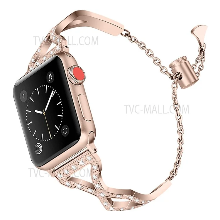 Rhinestone Stainless Steel Metal Watch Band Bracelet Strap Replacement for Apple Watch Ultra 2 49mm / Series 9 45mm / SE (2023) 44mm / Ultra 49mm / Series 8 45mm / 7 45mm / SE 44mm / SE (2022) 44mm / Series 6 / 5 / 4 44mm / Series 3 / 2 / 1 42mm - Retro Gold