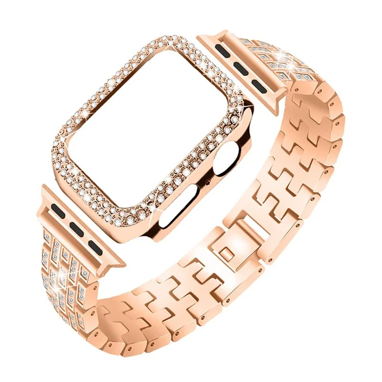 Faixa de Relógio de Metal com Cinco Contas de Strass + Capa Protetora Anti-queda para Apple Watch SE 40mm Série 6/5/4 40mm - Rose Gold