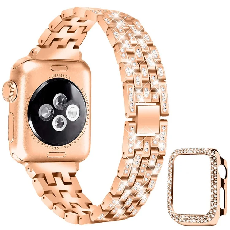 Faixa de Relógio de Metal com Cinco Contas de Strass + Capa Protetora Anti-queda para Apple Watch SE 40mm Série 6/5/4 40mm - Rose Gold