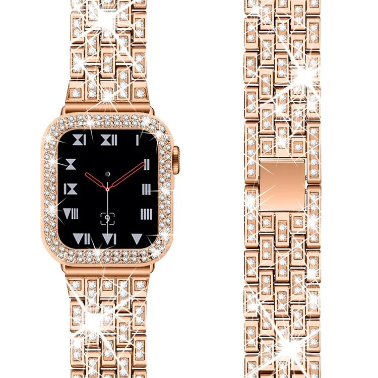 Faixa de Relógio de Metal com Cinco Contas de Strass + Capa Protetora Anti-queda para Apple Watch SE 40mm Série 6/5/4 40mm - Rose Gold