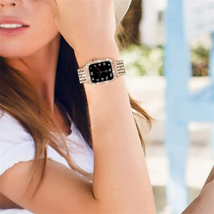 Faixa de Relógio de Metal com Cinco Contas de Strass + Capa Protetora Anti-queda para Apple Watch SE 40mm Série 6/5/4 40mm - Rose Gold