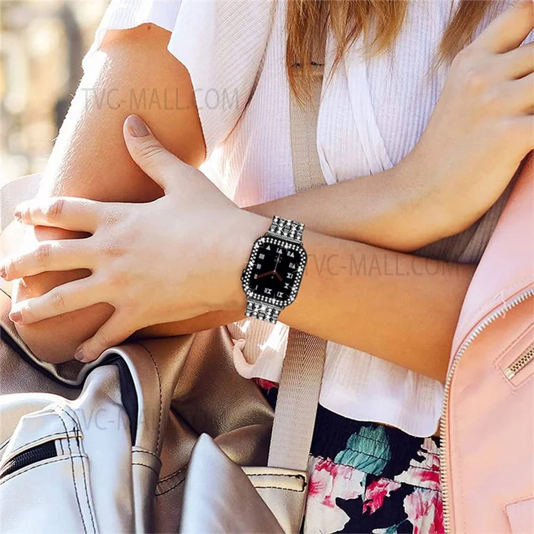 Five Beads Metal Smart Watch Band Wrist Strap + Rhinestone Decor Watch Case for Apple Watch SE 44mm / SE (2022) 44mm / SE (2022) 44mm Series 6 / 5 / 4 44mm - Black
