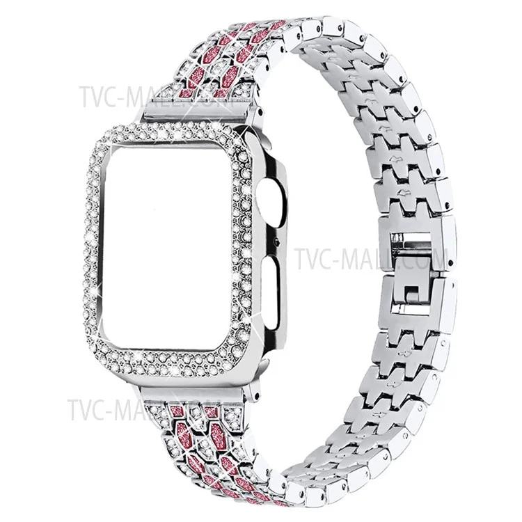 Banda de Reloj de Acero Inoxidable con 3 Filas de Decoración de Diamantes Brillantes y 5 Cuentas + Cubierta Protectora de Caja de Reloj de PC para Apple Watch Series 6/5/4/SE 40mm - Plata/Rosa/Plata