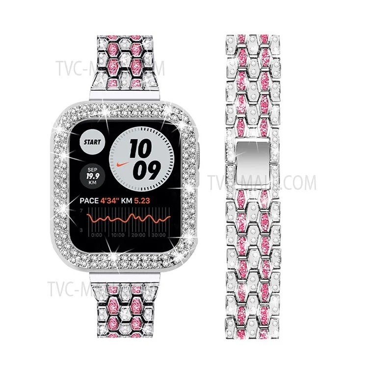 Banda de Reloj de Acero Inoxidable con 3 Filas de Decoración de Diamantes Brillantes y 5 Cuentas + Cubierta Protectora de Caja de Reloj de PC para Apple Watch Series 6/5/4/SE 40mm - Plata/Rosa/Plata