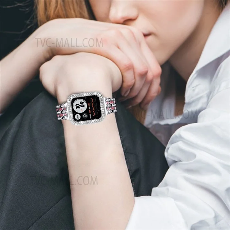 Pulseira de Relógio de Metal com 5 Contas + Capa Protetora com Decoração de Strass Anti-Arranhões para Apple Watch Series 7 45mm - Prata/Rosa/Prata