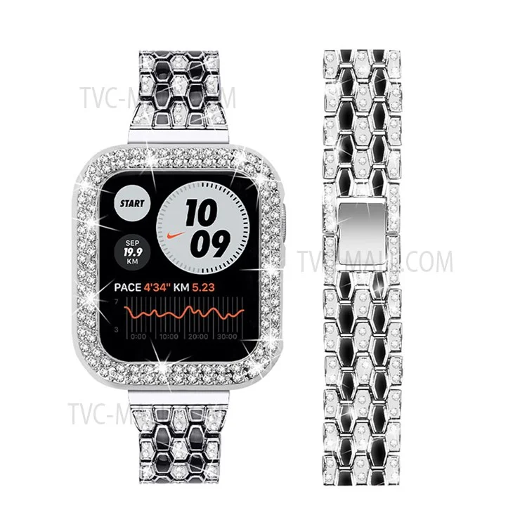 Five Beads Metal Watch Strap + Protective Case Rhinestone Decor Anti-Scratch Replacement for Apple Watch Series 7 45mm - Silver/Black/Silver