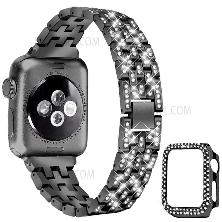 Replacement 5 Beads Rhinestone Decor Stainless Steel Watchband + PC Watch Case Protective Cover for Apple Watch Series 3 / 2 / 1 38mm - Black