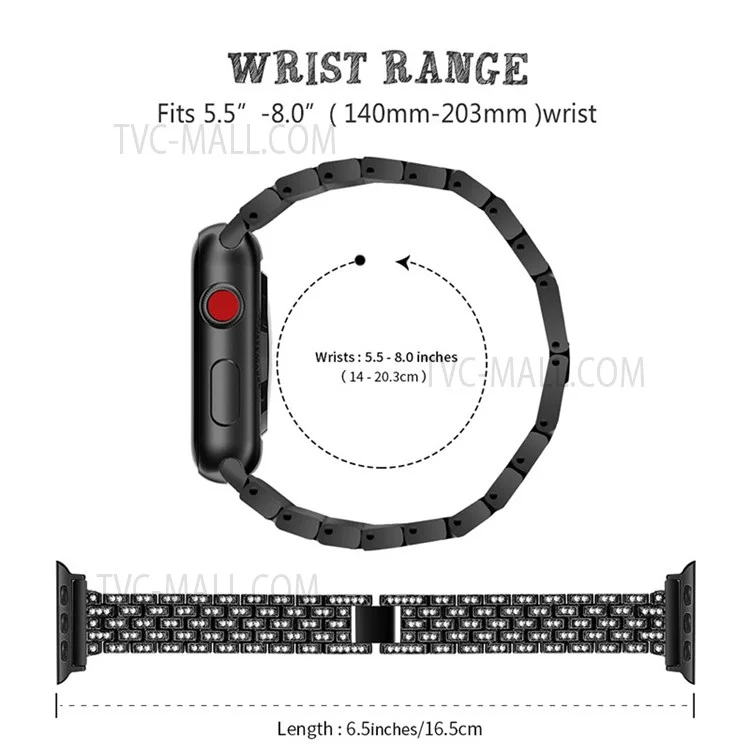 Replacement 5 Beads Rhinestone Decor Stainless Steel Watchband + PC Watch Case Protective Cover for Apple Watch Series 3 / 2 / 1 38mm - Black