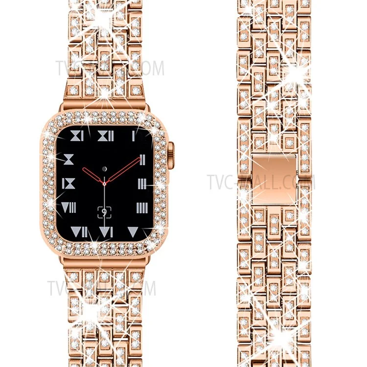 Наручные часы iWatch с декором из страз из нержавеющей стали, 5 бусин, + защитный чехол из ПК для Apple Watch Series 7 41 мм - Rose Gold
