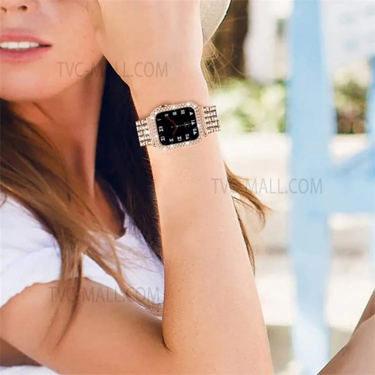 Наручные часы iWatch с декором из страз из нержавеющей стали, 5 бусин, + защитный чехол из ПК для Apple Watch Series 7 41 мм - Rose Gold