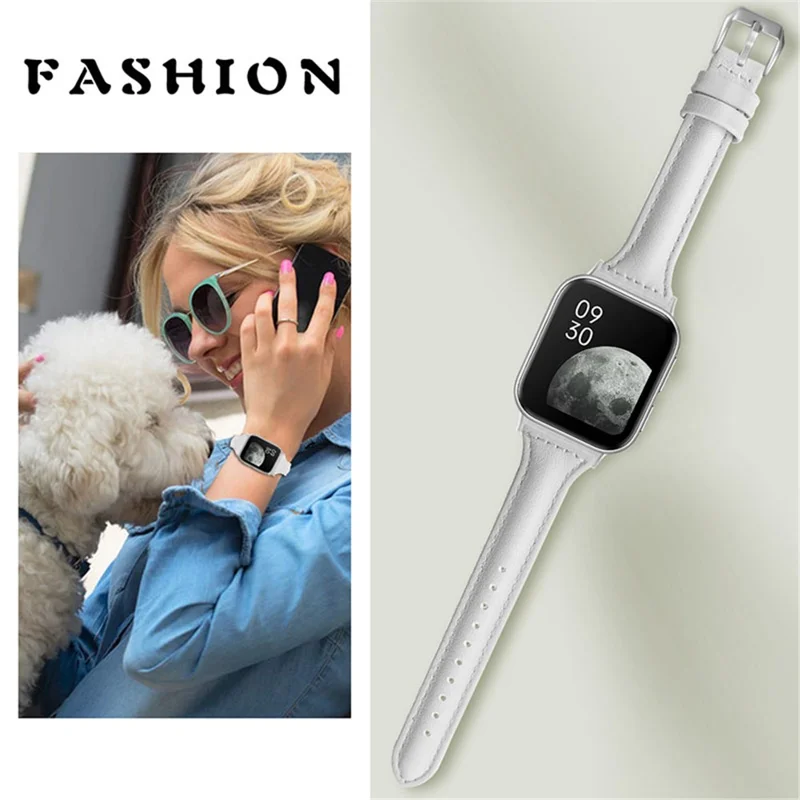 Top Layer Cowhide Genuine Leather Smart Watch Strap Replacement Watch Band for Oppo Watch 46mm - White