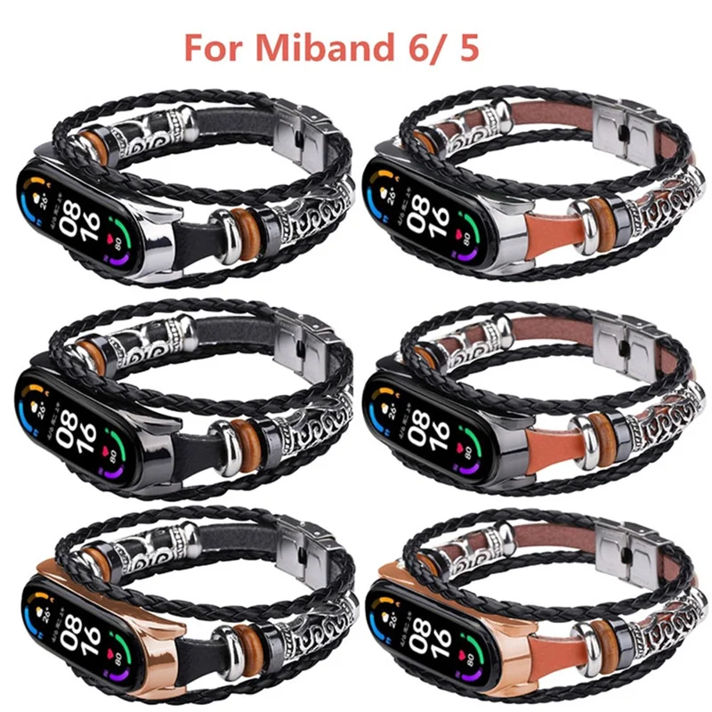 Retro Ethnic Style Smart Watch Wrist Band Strap Beaded Bracelet for Xiaomi Mi Band 5/6 - Brown/Black