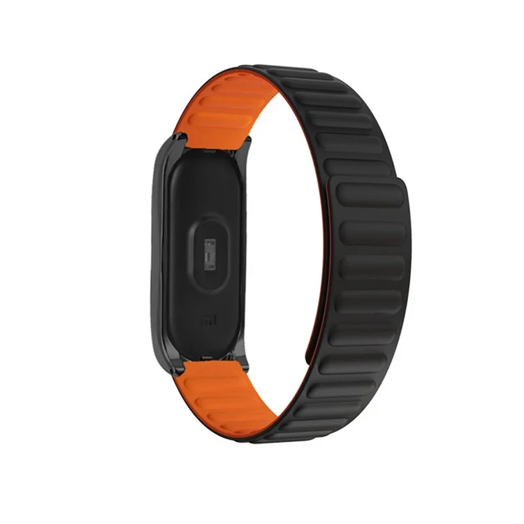 Soft Silicone Magnetic Watch Band Strap + Watch Case Cover Replacement for Xiaomi Mi Band 5/6/7 - Black/Orange