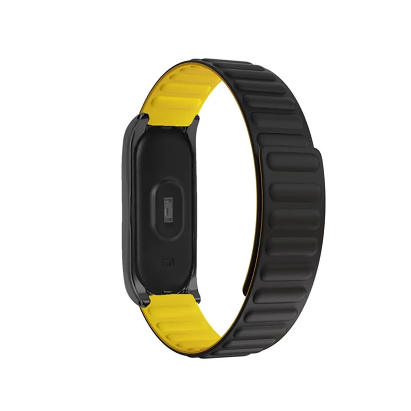 Soft Silicone Magnetic Watch Band Strap + Watch Case Cover Replacement for Xiaomi Mi Band 5/6/7 - Black/Yellow