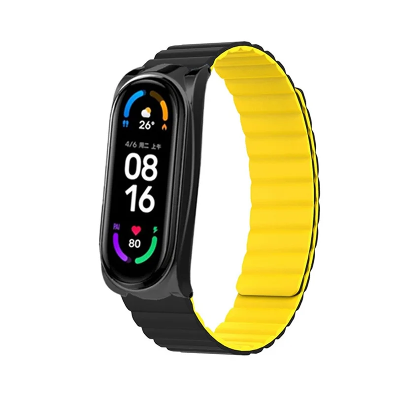 Soft Silicone Magnetic Watch Band Strap + Watch Case Cover Replacement for Xiaomi Mi Band 5/6/7 - Black/Yellow