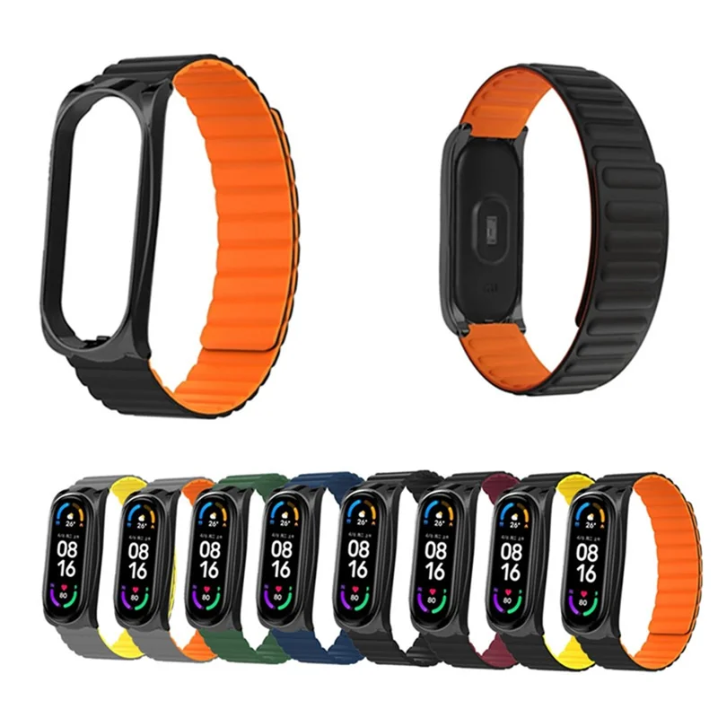 Soft Silicone Magnetic Watch Band Strap + Watch Case Cover Replacement for Xiaomi Mi Band 5/6/7 - Black/Yellow