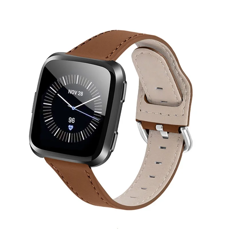 Correa de Reloj de Cuero Genuino de Vaca, Hebilla de Acero Inoxidable para Fitbit Versa 2/Fitbit Versa/Fitbit Versa Lite/Fitbit Versa SE - Marrón