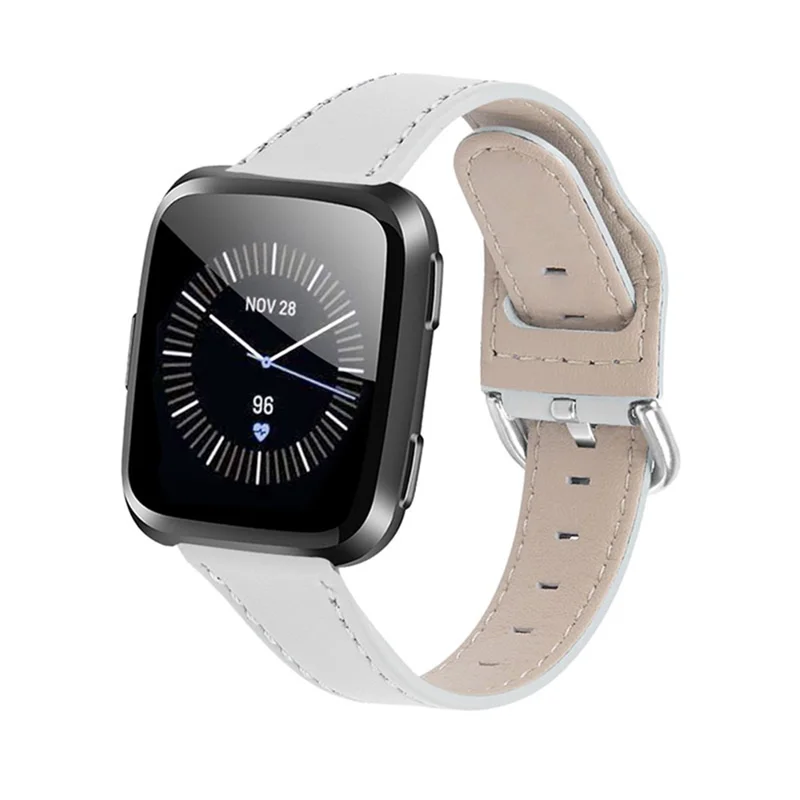Cowhide Genuine Leather Watch Band Stainless Steel Buckle Wrist Strap for Fitbit Versa 2/Fitbit Versa/Fitbit Versa Lite/Fitbit Versa SE - White