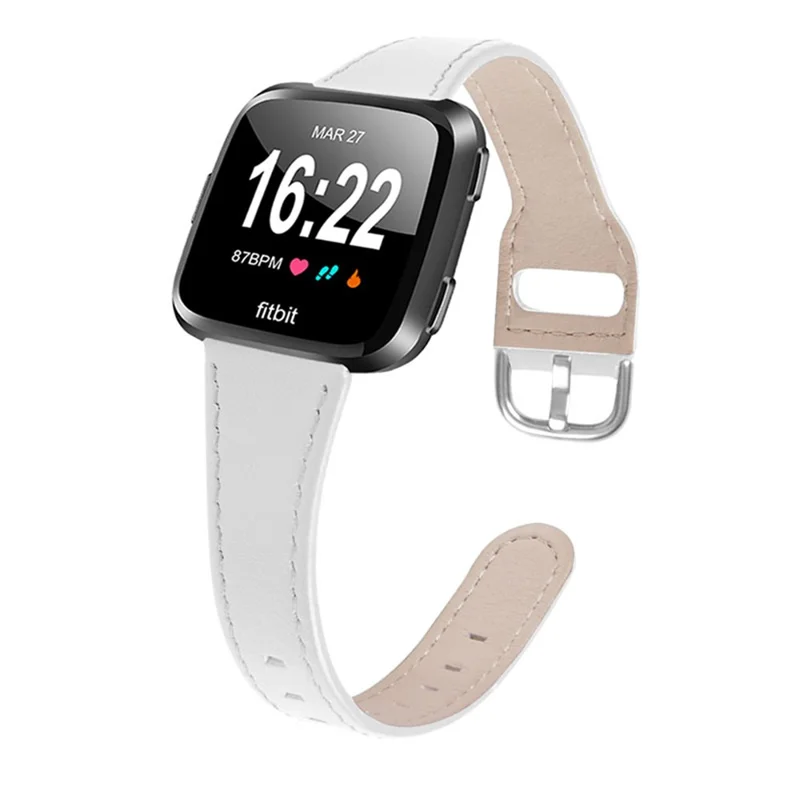 Cowhide Genuine Leather Watch Band Stainless Steel Buckle Wrist Strap for Fitbit Versa 2/Fitbit Versa/Fitbit Versa Lite/Fitbit Versa SE - White