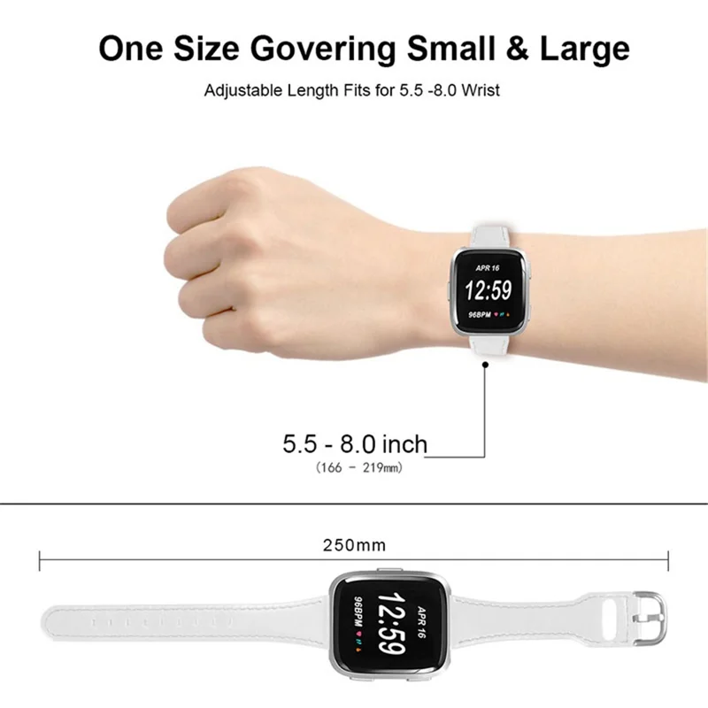 Cowhide Genuine Leather Watch Band Stainless Steel Buckle Wrist Strap for Fitbit Versa 2/Fitbit Versa/Fitbit Versa Lite/Fitbit Versa SE - White