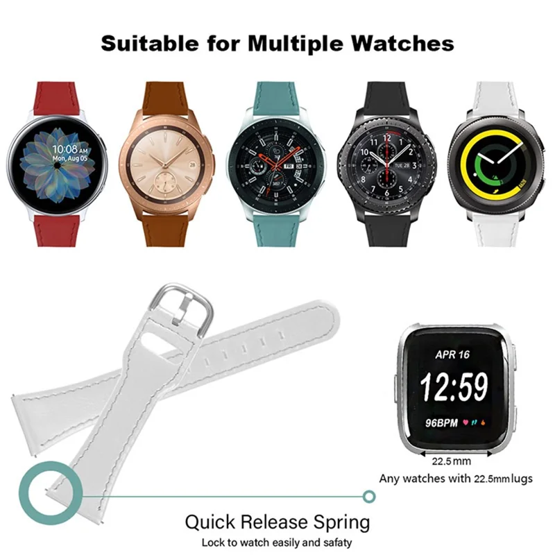 Cowhide Genuine Leather Watch Band Stainless Steel Buckle Wrist Strap for Fitbit Versa 2/Fitbit Versa/Fitbit Versa Lite/Fitbit Versa SE - White