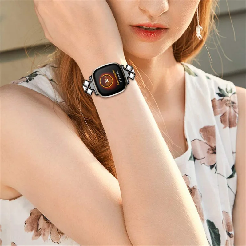 Pulseira de Relógio de Aço Inoxidável com Rombos de Strass Rhinestone para Fitbit Versa 3 / Fitbit Sense - Preto