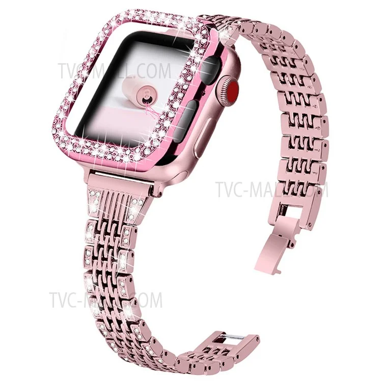 Pulseira de Relógio de Aço Inoxidável com 7 Contas + Capa de Relógio com Decoração de Strass para Apple Watch Series 3/2/1 42mm - Rosa