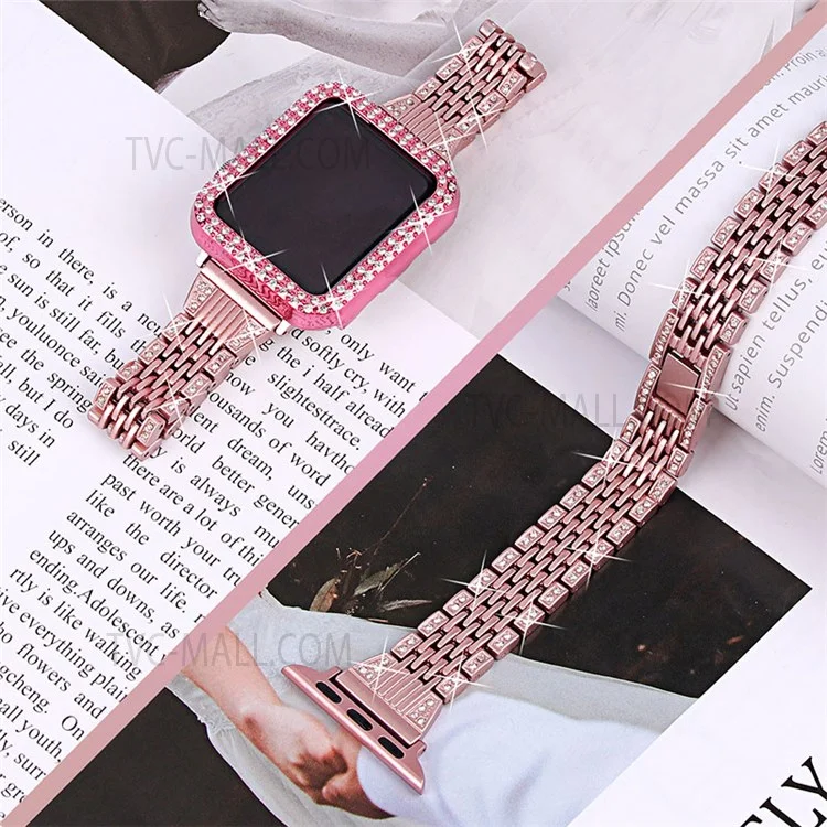 Pulseira de Relógio de Aço Inoxidável com 7 Contas + Capa de Relógio com Decoração de Strass para Apple Watch Series 3/2/1 42mm - Rosa