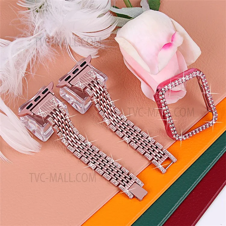 Pulseira de Relógio de Aço Inoxidável com 7 Contas + Capa de Relógio com Decoração de Strass para Apple Watch Series 3/2/1 42mm - Rosa
