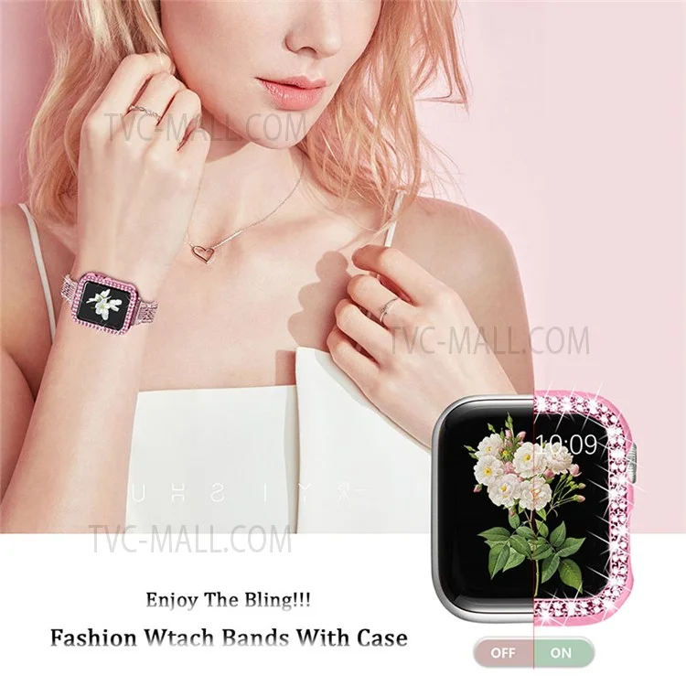 Pulseira de Relógio de Aço Inoxidável com 7 Contas + Capa de Relógio com Decoração de Strass para Apple Watch Series 3/2/1 42mm - Rosa
