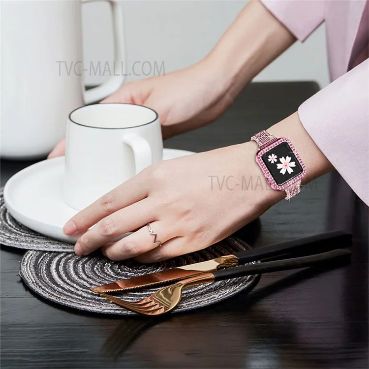 Pulseira de Relógio de Aço Inoxidável com 7 Contas + Capa de Relógio com Decoração de Strass para Apple Watch Series 3/2/1 42mm - Rosa