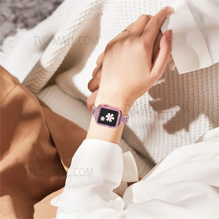 Pulseira de Relógio de Aço Inoxidável com 7 Contas + Capa de Relógio com Decoração de Strass para Apple Watch Series 3/2/1 42mm - Rosa
