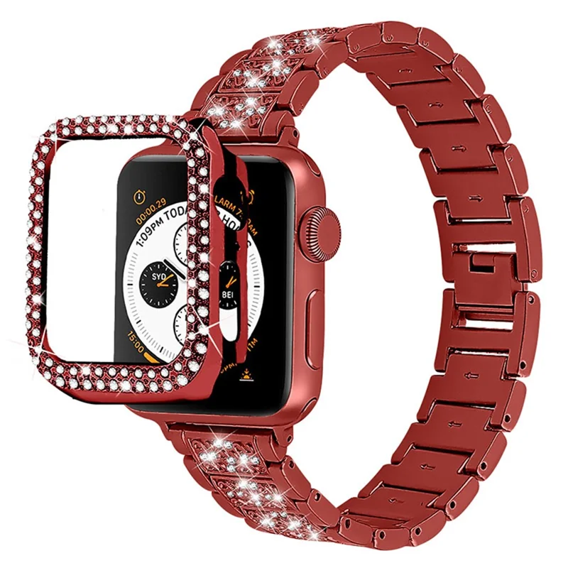 3 Beads Rhinestone Decor Stainless Steel Watch Strap + Double Row Rhinestone PC Drop-proof Watch Case Cover for Apple Watch Series 1/2/3 42mm - Red
