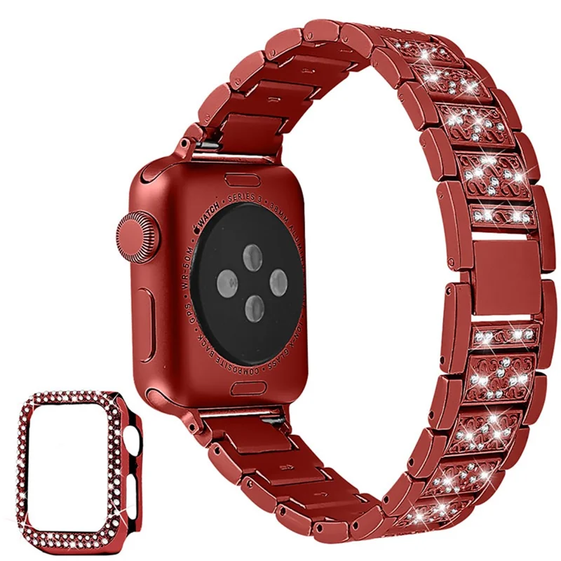 3 Beads Rhinestone Decor Stainless Steel Watch Strap + Double Row Rhinestone PC Drop-proof Watch Case Cover for Apple Watch Series 1/2/3 42mm - Red