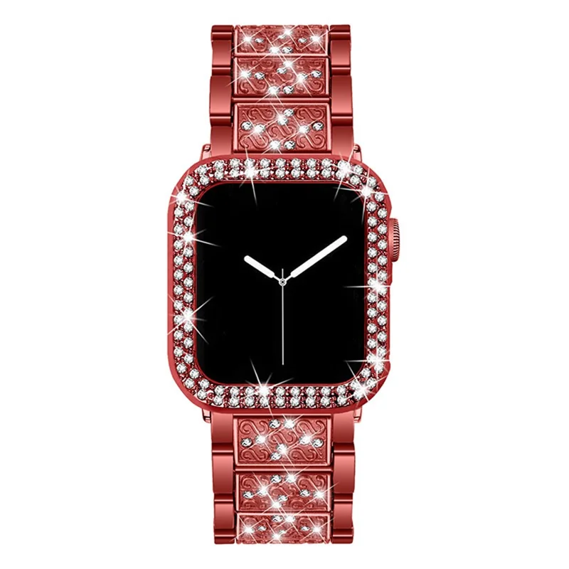 3 Beads Rhinestone Decor Stainless Steel Watch Strap + Double Row Rhinestone PC Drop-proof Watch Case Cover for Apple Watch Series 1/2/3 42mm - Red