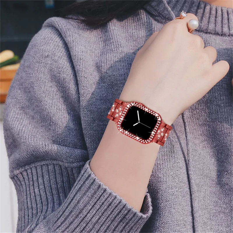 3 Beads Rhinestone Decor Stainless Steel Watch Strap + Double Row Rhinestone PC Drop-proof Watch Case Cover for Apple Watch Series 1/2/3 42mm - Red