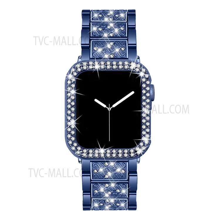 Sweat-resistant 3 Beads Rhinestone Decor Watch Strap + Double Row Rhinestone PC Watch Protective Cover for Apple Watch SE/Series 4/5/6 40mm - Blue