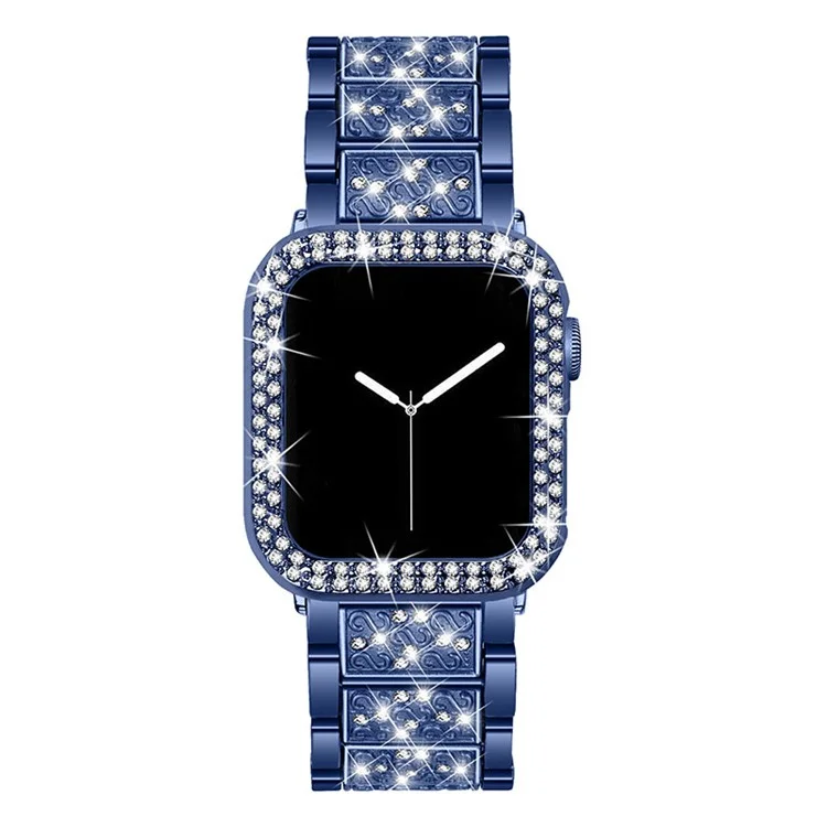 Correa de reloj con adornos de strass 3 cuentas + Funda protectora de PC con doble fila de strass para Apple Watch Series 7 41mm - Azul