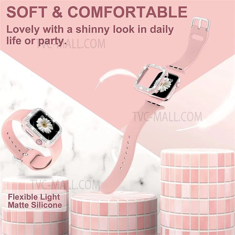 Rhinestone Decor Watch Frame Cover + Silicone Watch Strap Replacement for Apple Watch Series 1 / 2 / 3 38mm - Pink