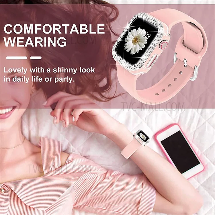 Rhinestone Decor Watch Frame Cover + Silicone Watch Strap Replacement for Apple Watch Series 1 / 2 / 3 38mm - Pink