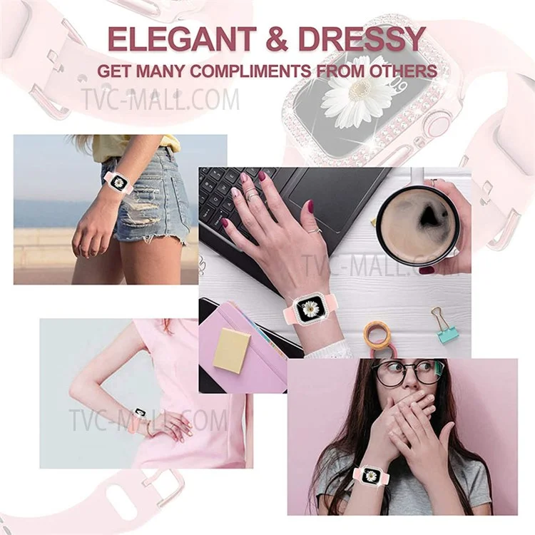 Rhinestone Decor Watch Frame Cover + Silicone Watch Strap Replacement for Apple Watch Series 1 / 2 / 3 38mm - Pink