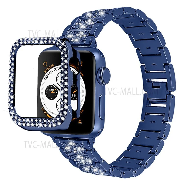 3 Contas Decorativas de Strass Pulseira de Relógio Substituição + Capa Protetora de PC com Duas Fileiras de Strass Anti-Queda para Apple Watch Series 1/2/3 38mm - Azul