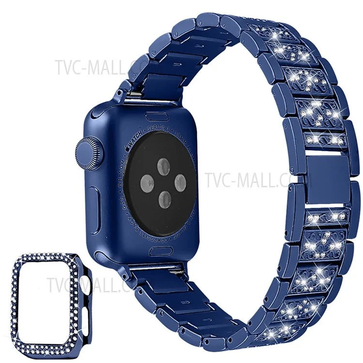 3 Contas Decorativas de Strass Pulseira de Relógio Substituição + Capa Protetora de PC com Duas Fileiras de Strass Anti-Queda para Apple Watch Series 1/2/3 38mm - Azul