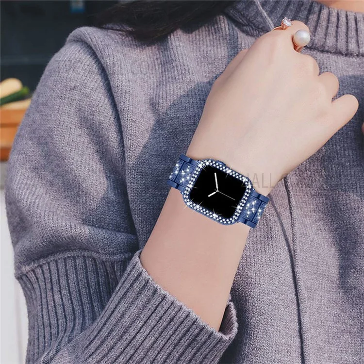 3 Contas Decorativas de Strass Pulseira de Relógio Substituição + Capa Protetora de PC com Duas Fileiras de Strass Anti-Queda para Apple Watch Series 1/2/3 38mm - Azul