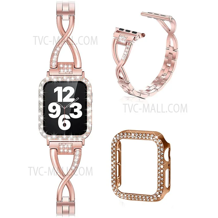Cinturino per orologio in metallo a forma di X + custodia protettiva decorata con doppia fila di cristalli antiscivolo per Apple Watch Series 3 / 2 / 1 38mm - Rose Gold