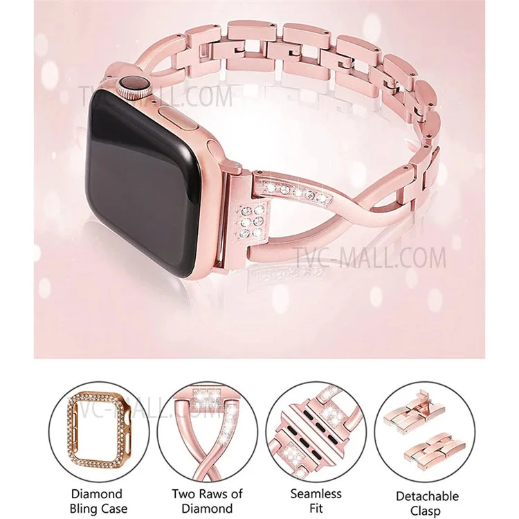 Cinturino per orologio in metallo a forma di X + custodia protettiva decorata con doppia fila di cristalli antiscivolo per Apple Watch Series 3 / 2 / 1 38mm - Rose Gold